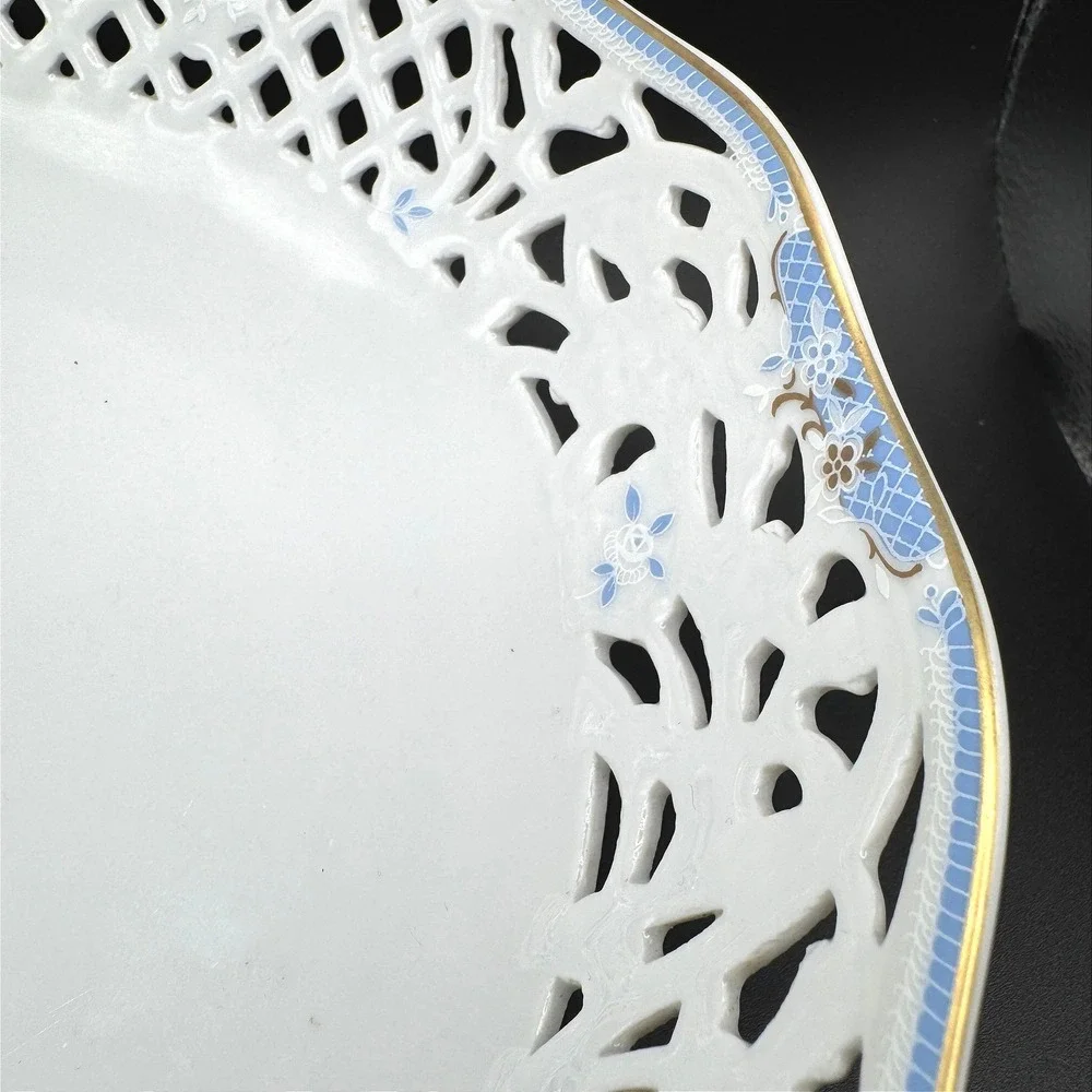Oscar de la Renta Bouquet Blue Reticulated Serving Bowl West Germany Cottagecore